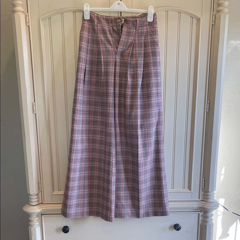 Maeve Pink and Gray Plaid Wide-Leg Trousers